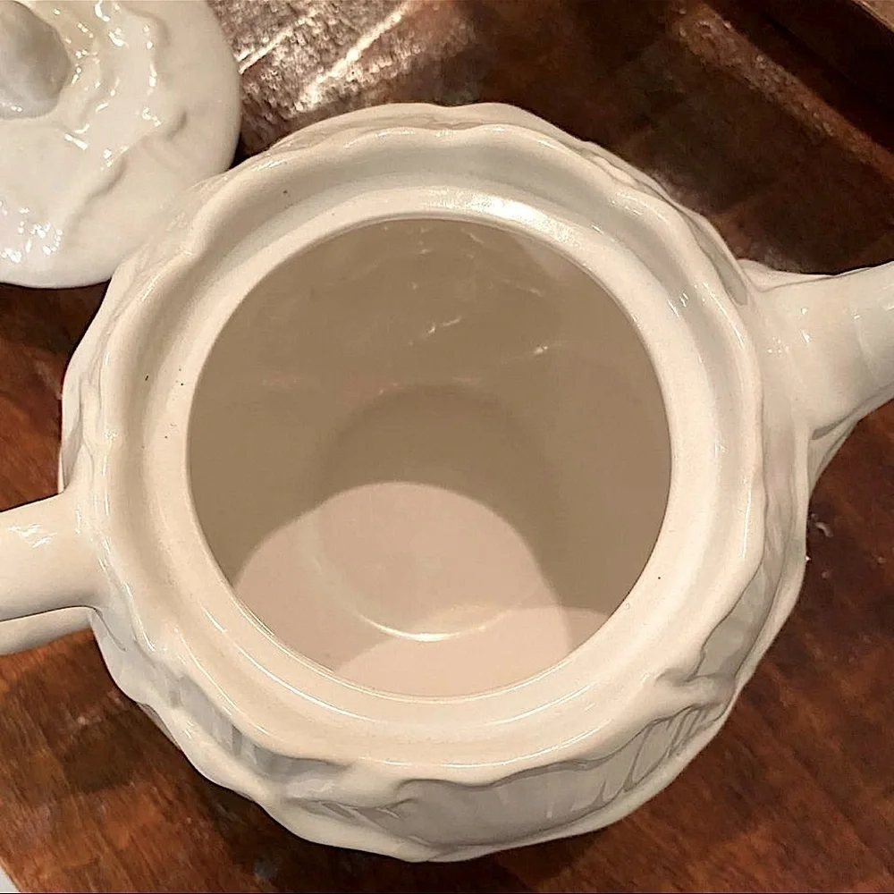 Sylvac Small Vintage Ceramic Teapot Cabbage Rose Petals White 70s England #5409